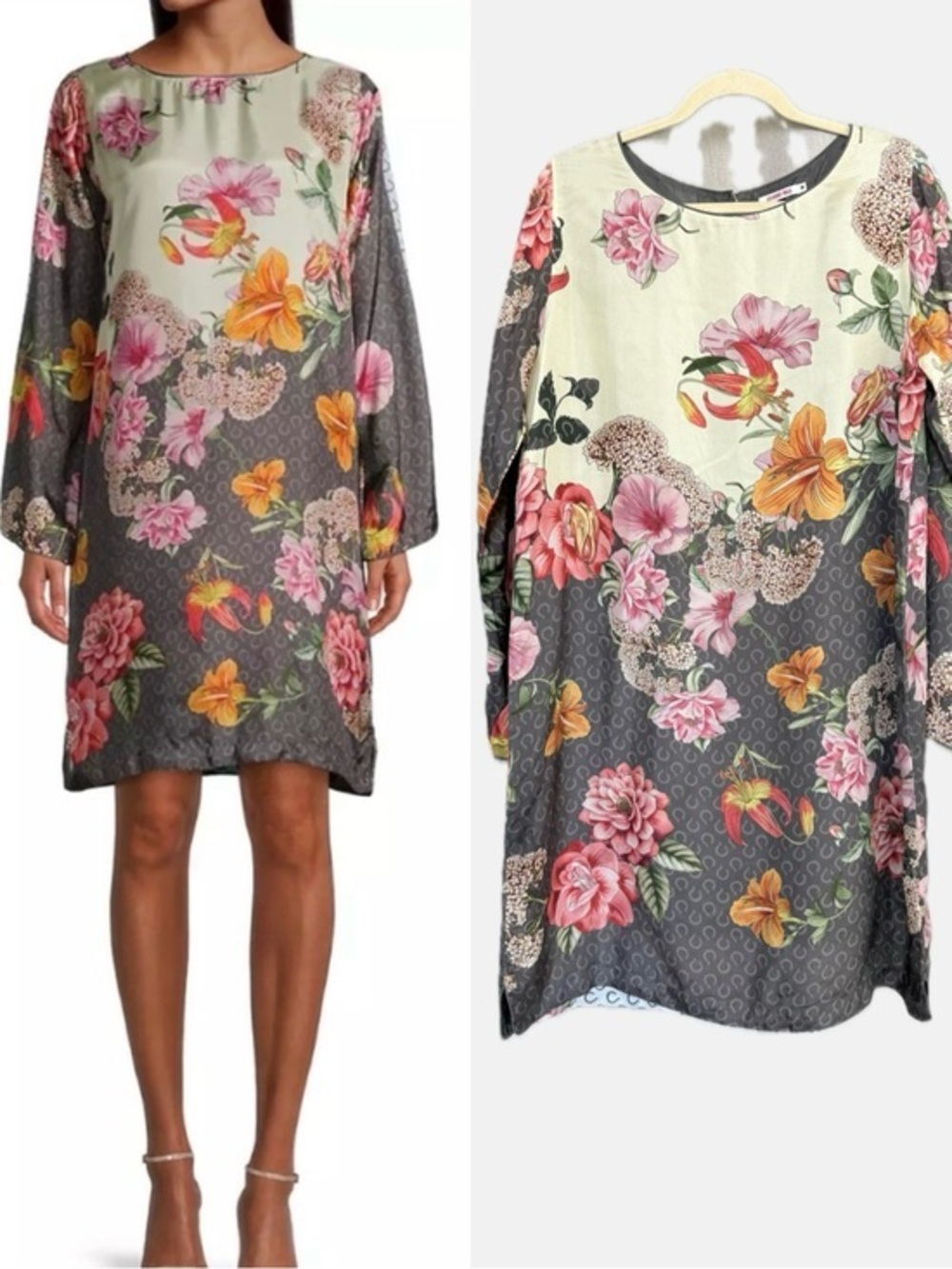 Johnny Was Silk Gray Cream Floral Long Sleeve Mini Dress M